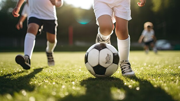 Kinder spielen Fußball auf einem grasbewachsenen Feld mit einem Fußball, der von lebendigem Grün umgeben ist