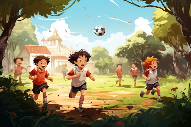 Kinder spielen Fußball im Garten-Vektor-Illustration