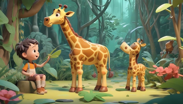 Kinder spielen Giraffe schöne Dschungel Cartoon 3D-Stil Design Kinder Jungen Mädchen