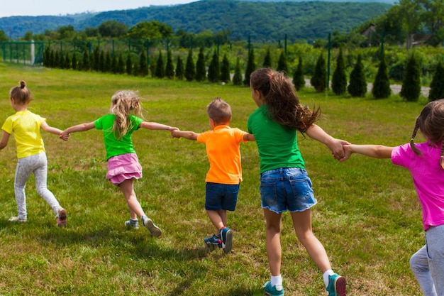 Kinder spielen Händchen haltend auf dem grünen Rasen. Kinder laufen hintereinander und genießen gemeinsam. Sommerspiele im Freien