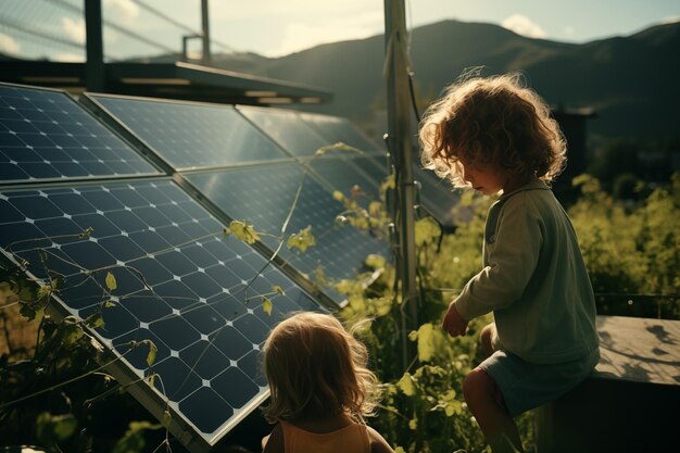 Kinder spielen im Garten mit Solaranlagen