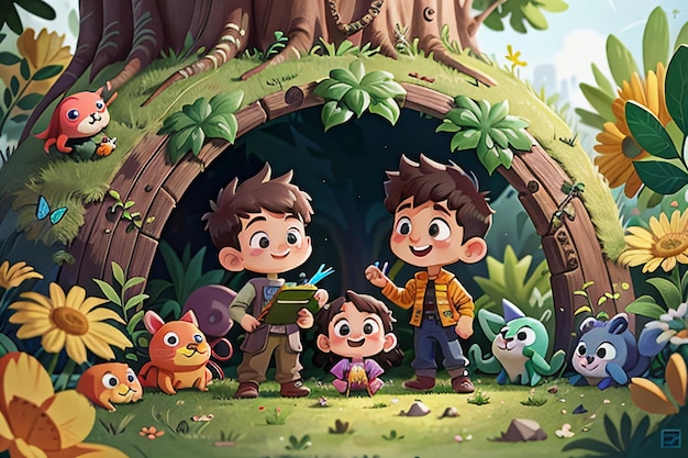 Kinder spielen im Wald Cartoon Waldkinder Paradies Tapete Hintergrund Illustration