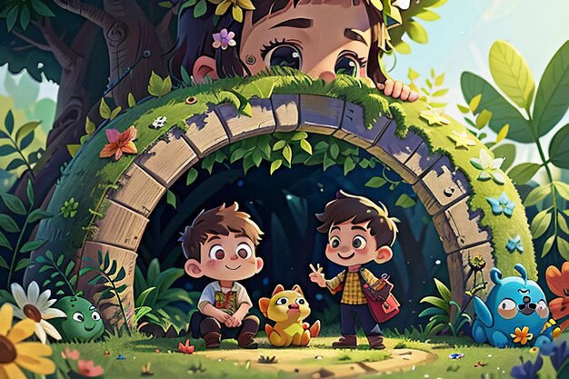 Kinder spielen im Wald Cartoon Waldkinder Paradies Tapete Hintergrund Illustration