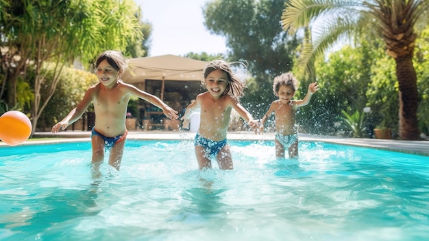 Kinder spielen in einem Pool mit einem Haus im Hintergrund