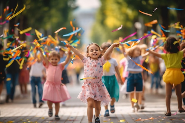 Kinder spielen mit bunten Luftschlangen und tanzen in einer Parade zum Kindertag