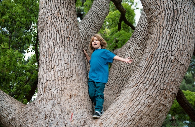 Kinder spielen mit einem Kind, das in einem Park im Freien zu einem Baum klettert