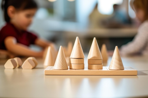 Kinder spielen mit geometrischen Holzspielzeugen