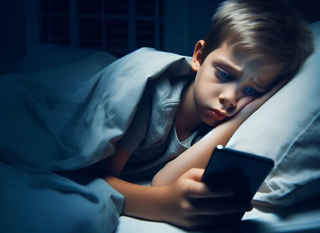 Foto kinder spielen mit smartphones und tablets, ihre sicht ist beschädigt, sie schlafen spät und haben keine ahnung.