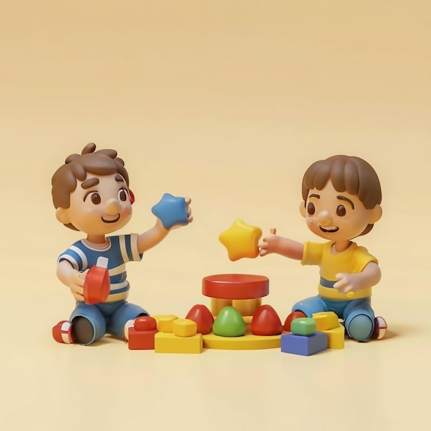 Kinder spielen mit Spielzeug an einem Tag draußen in 3D.