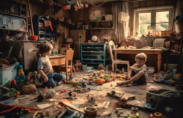 Kinder spielen mit Spielzeug im unordentlichen Wohnzimmer