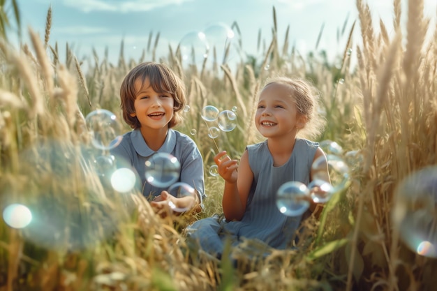 Kinder spielen Seifenblasen im Freien