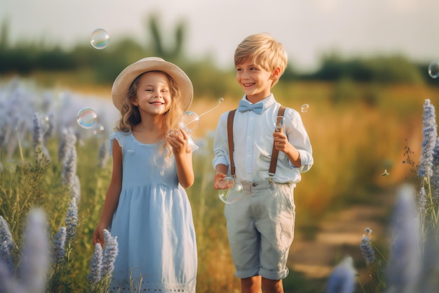 Kinder spielen Seifenblasen im Freien