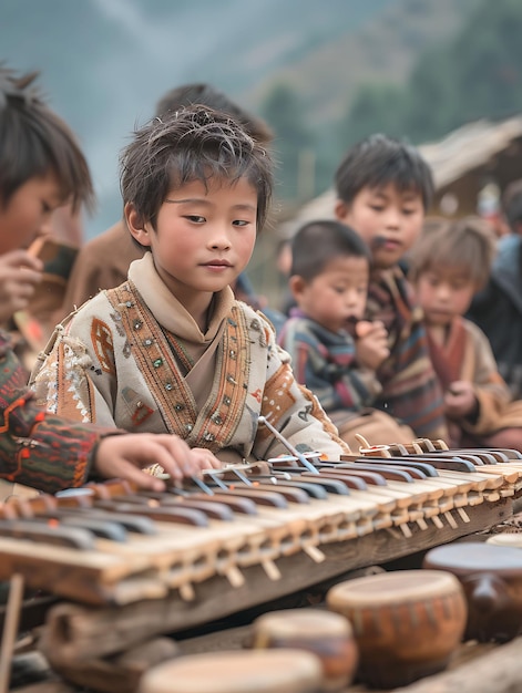 Kinder spielen traditionelle Musikinstrumente im Thim-Nachbarn-Ferien-Kreativ-Hintergrund