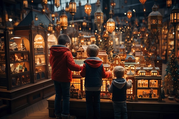 Kinder spielen zu Weihnachten im Spielzeugladen