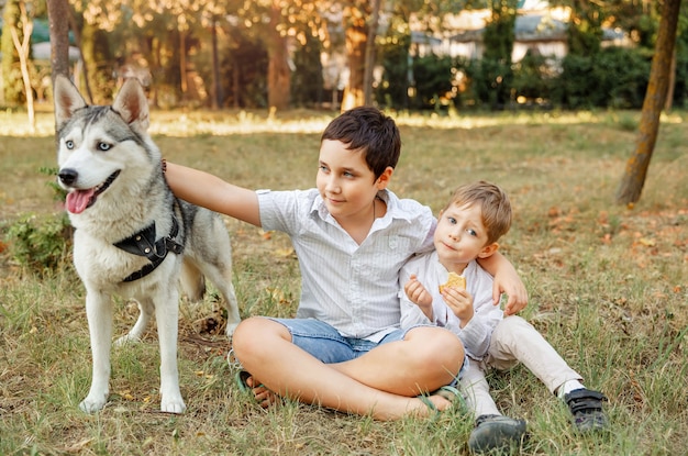 Kinder streicheln Hund im Freien. Besitzer geht mit einem Hund spazieren. Familie spielt mit Hund im Park. Kinder und ein Haustier auf einer Sommerwiese.