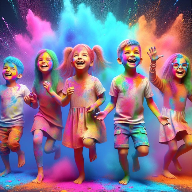 Kinder tanzen und haben Spaß beim Holi-Festival