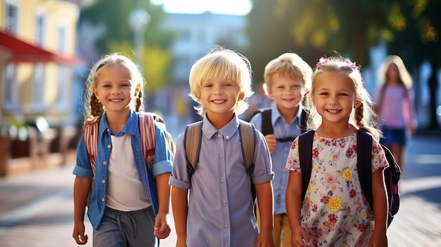 Kinder tragen Schultaschen zurück zur Schule. Kind steht Rücken an Rücken mit Rucksäcken bereit für die Schule