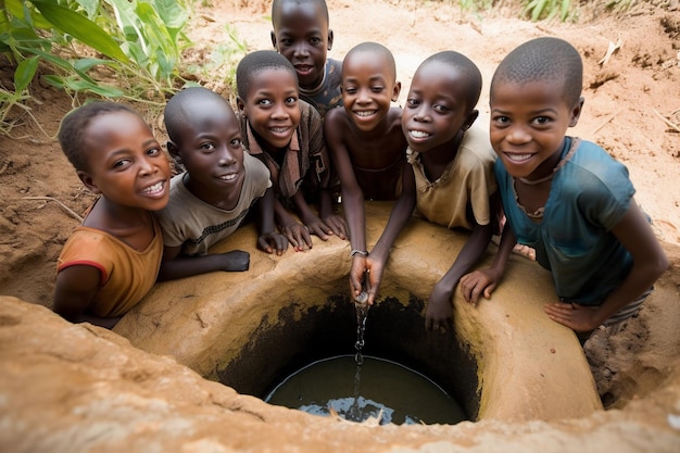 Kinder trinken aus einem Brunnen, einer von ihnen schaut in die Kamera.