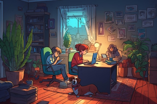Kinder und Haustiere arbeiten und spielen zu Hause am Computer