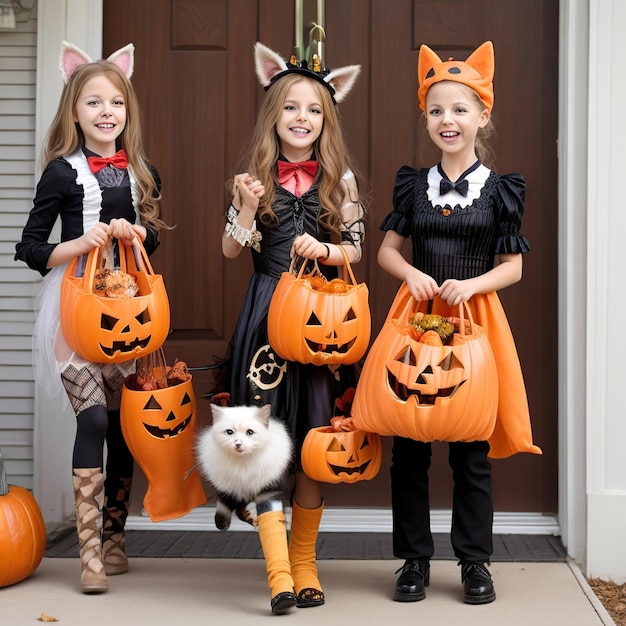 Foto kinder und tiere in halloween-kostümen machen sich auf die suche nach süßigkeiten