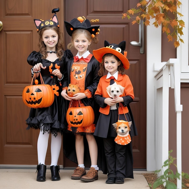 Kinder und Tiere in Halloween-Kostümen machen sich auf die Suche nach Süßigkeiten