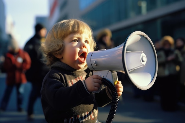 Kinderaktivist protestiert während einer Demonstration mit Megafon und filmischer Beleuchtung aus der Egoperspektive