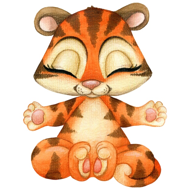 Kinderaquarellillustration eines Tigers, der Yoga tut
