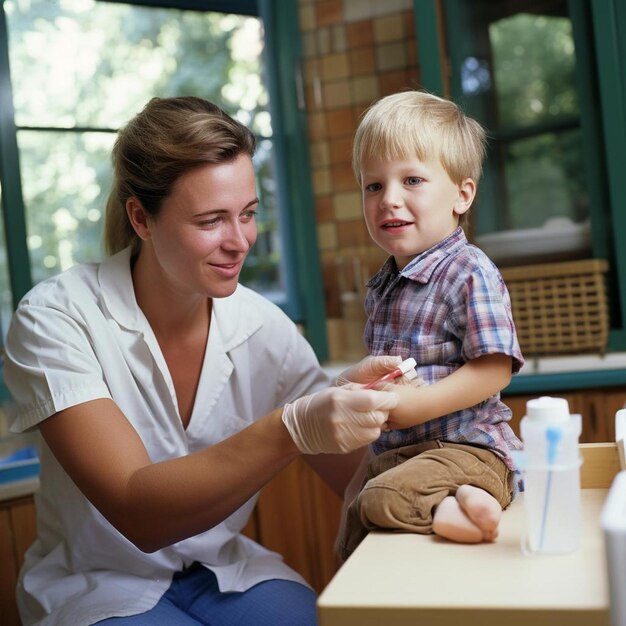 Kinderarzt reinigt den Arm des Jungen mit Alkoholtupfen im Gesundheitszentrum