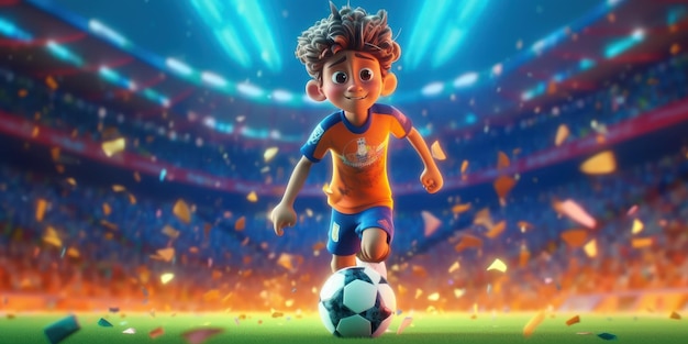 Kinderfigur spielt Fußball im Fußballstadion Fußballer-Traumkonzept Generative KI