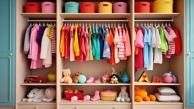 Kindergarderobe mit verschiedenen leuchtenden Kleidungsstücken für Babys