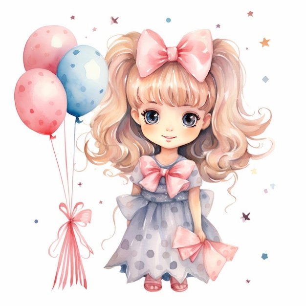 Kindergeburtstags-Clipart Glückliches Mädchen mit Ballons Aquarell-Illustration für Karten