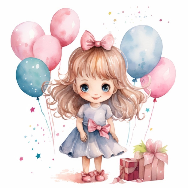 Kindergeburtstags-Clipart Glückliches Mädchen mit Ballons Aquarell-Illustration für Karten