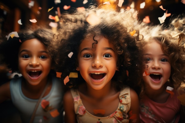 Kindergruppe Glückliche multikulturelle Kinder, die Spaß haben, ihre Geburtstage mit farbenfrohen Konfetti-Geburtstagskonzepten zu feiern