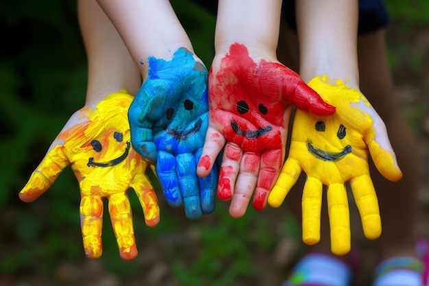 Foto kinderhände in einer vielzahl von farben bemalt