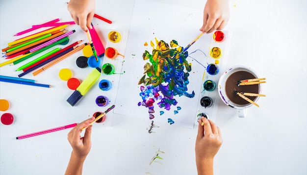 Kinderhände malen am Tisch mit Malutensilien Hände mit Pinsel malen mit abstrakten Aquarellflecken Zeichnen auf einem weißen Blatt Papier Kreativität und Kunst Hände malen Pinsel