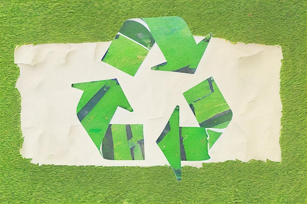 Kinderhand, die geschnittenes Papier mit Logo-Recycling über grünem Hintergrund hält Generative Ai