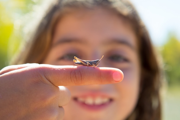 Kinderhand, die Heuschrecken-Wanzenmakro hält