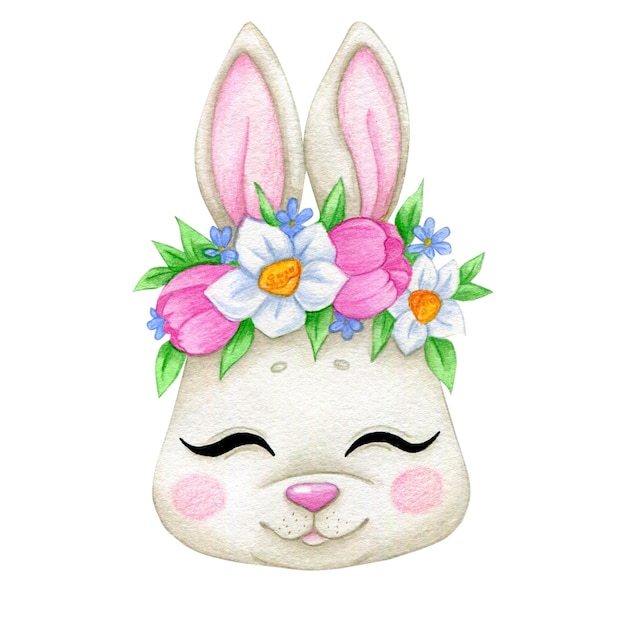 Kinderillustration der Schnauze eines Kaninchens mit einem Blumenkranz
