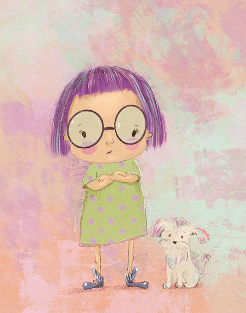 Kinderillustration eines Mädchens mit hellem Haar und einem kleinen Hund