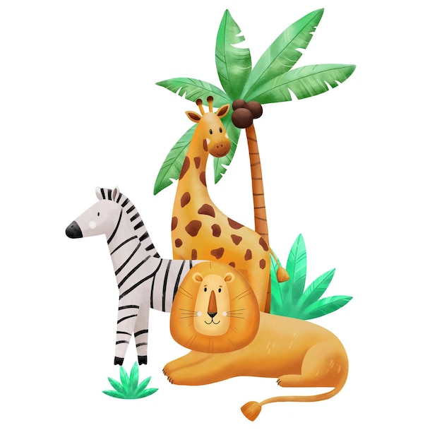 Kinderillustration mit Löwen, Giraffen und Zebras