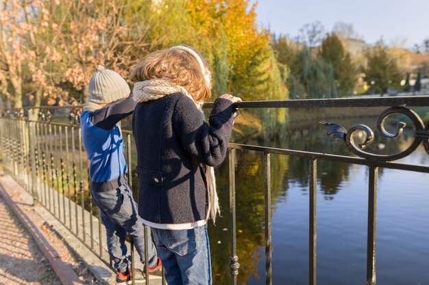 Kinderjunge und -mädchen, die zurück auf Brücke stehen und Enten betrachten