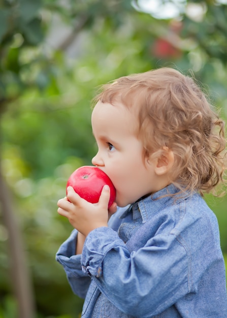 Kindermädchen, das einen Apfel in einem Garten in der Natur isst