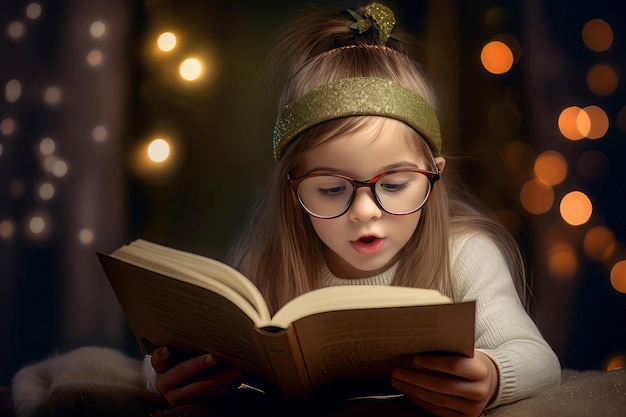 Kindermädchen liest nachts ein kleines Porträt. Generieren Sie Ai