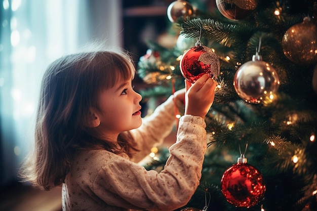 Kindermädchen schmückt den Weihnachtsbaum Magische Zeit