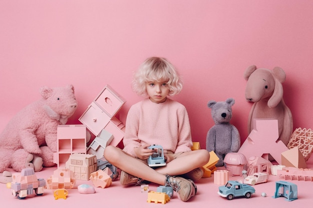 Kindermädchen spielt im farbenfrohen rosa Studio