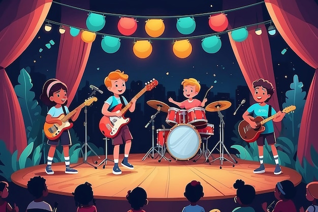 Kindermusikband spielt auf der Bühne eines Outdoor-Festivals