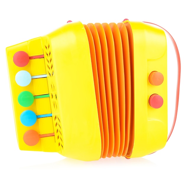Kindermusikinstrument Akkordeon Gelbes Akkordeon aus Kunststoff auf weißem Hintergrund