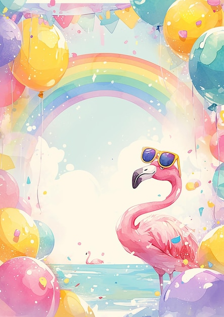 Kinderrahmen Ein farbenfroher Regenbogen mit einem Flamingo mit Sonnenbrille in der Mitte Der Flamingo trägt eine Sonnbrille und genießt den sonnigen Tag