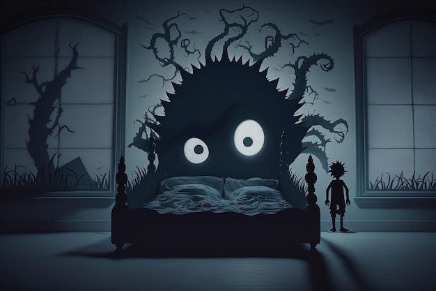Kinderschlafprobleme Schlaf Ängste Albträume Gruselträume Kinderzimmer düster dunkle Atmosphäre Kinderbett Monster über dem Bett
