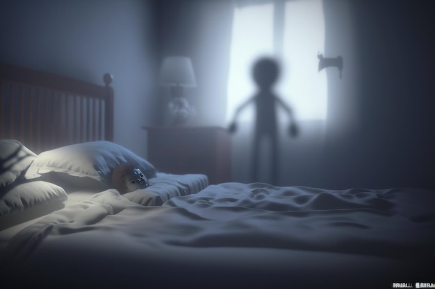 Kinderschlafprobleme Schlaf Ängste Albträume Gruselträume Kinderzimmer düster dunkle Atmosphäre Kinderbett Monster über dem Bett